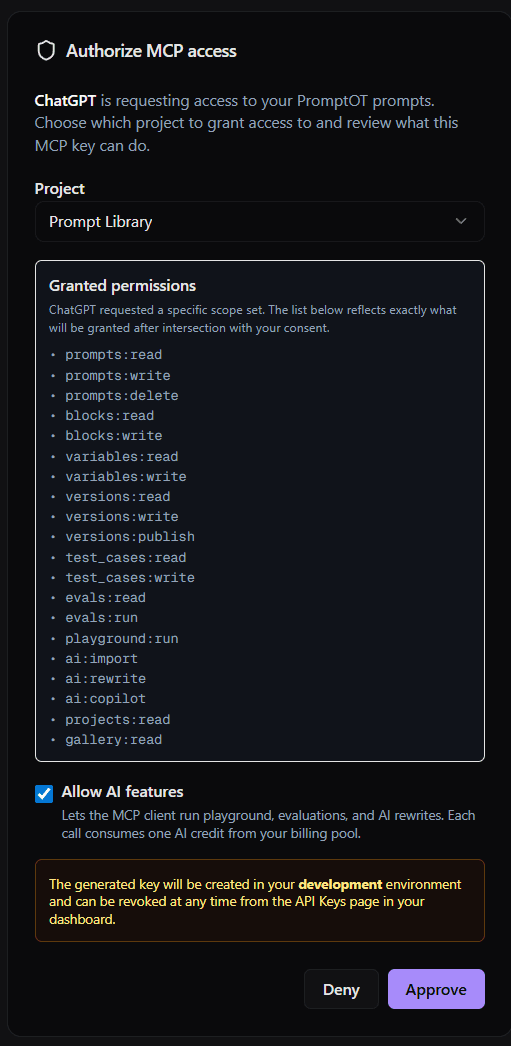 PromptOT OAuth consent screen — authorize MCP access from ChatGPT